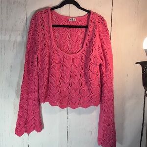 Hollister Vibrant Pink Crochet cropped knit sweater, long bell sleeves